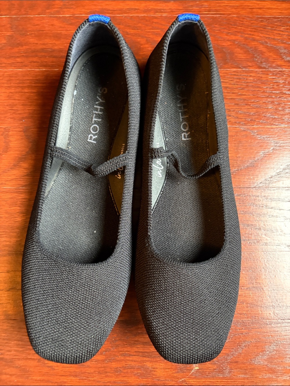 Rothy's Black Mary Jane Knit Flats with Blue Heel Tabs